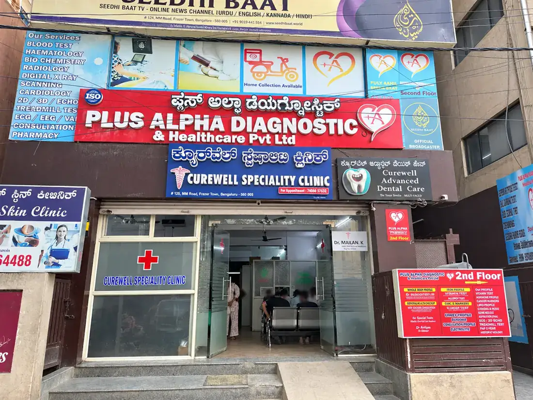 The building at #125, MM Road: the Plus Alpha Diagnostic sign above, and the Curewell Speciality Clinic sign and glass entrance at street level