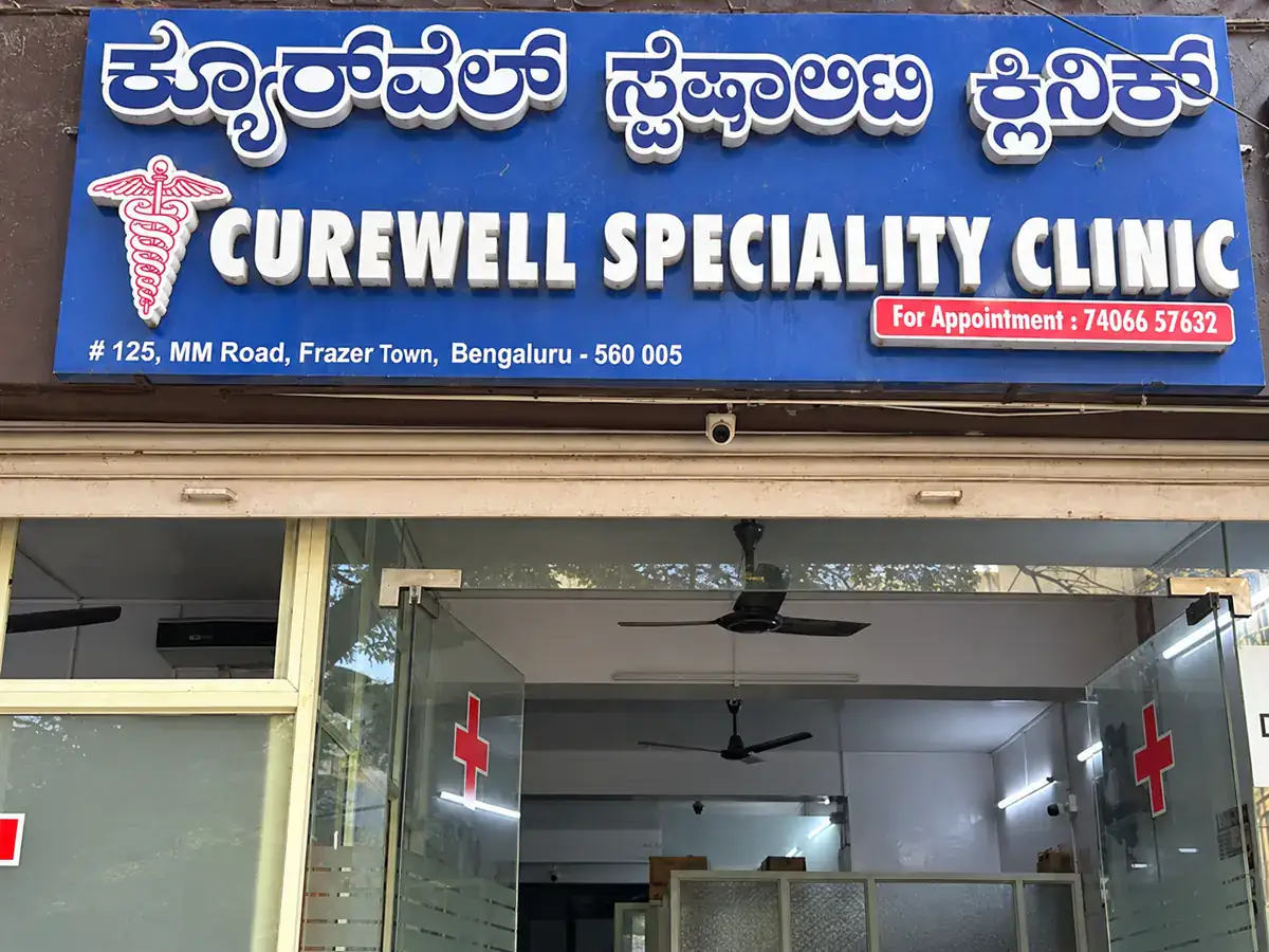 The blue Curewell Speciality Clinic signboard above the glass entrance at #125, MM Road, Frazer Town, with the appointment number 74066 57632